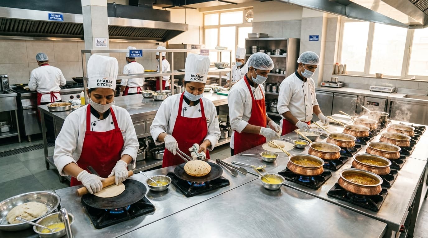 Clean stainless steel 100% vegetarian central kitchen in Hyderabad with strict quality protocols